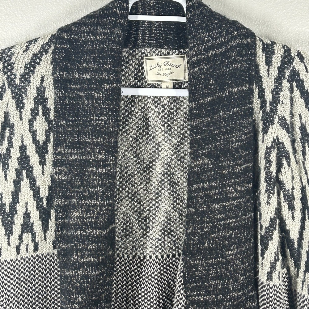 Lucky Brand Womens Black Cream Geometric Diamond Wool Blend Cardigan Sweater M